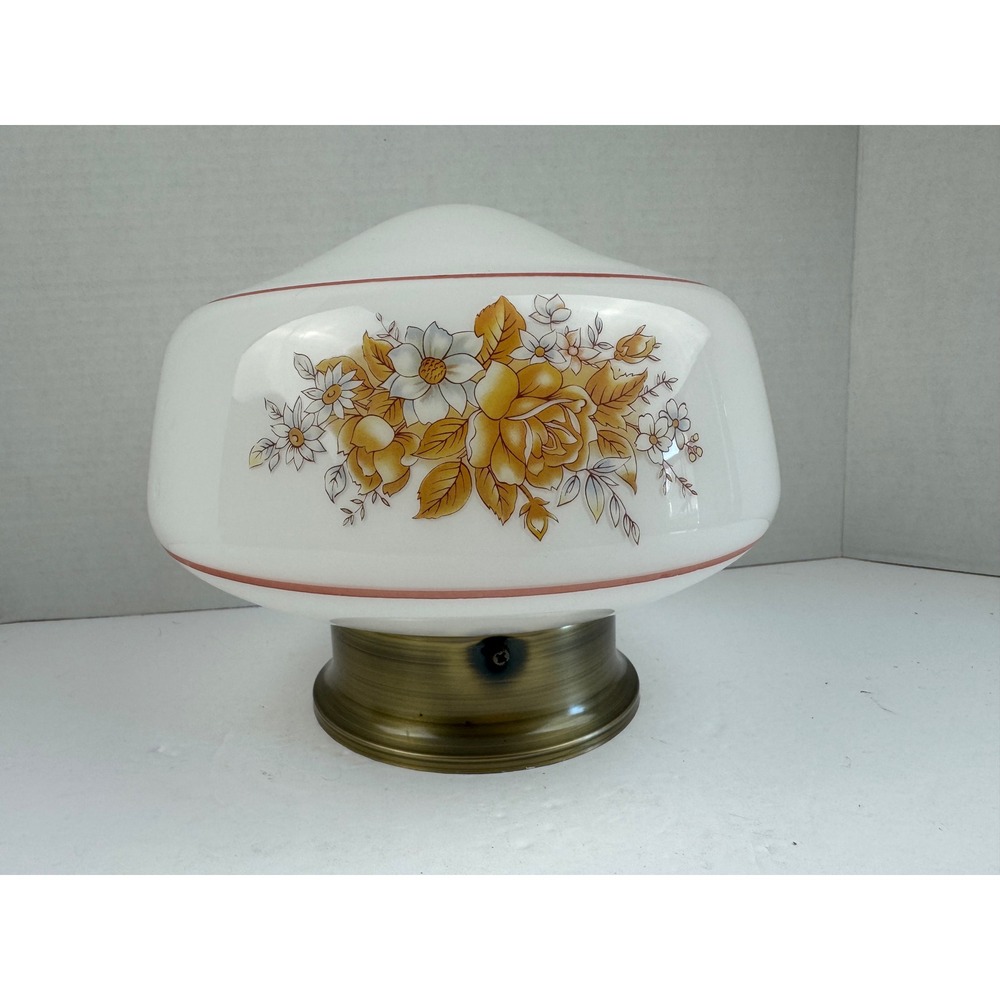 Vintage Floral Milk Glass Flush Mount Ceiling Light Yellow Rose Brass Untested
